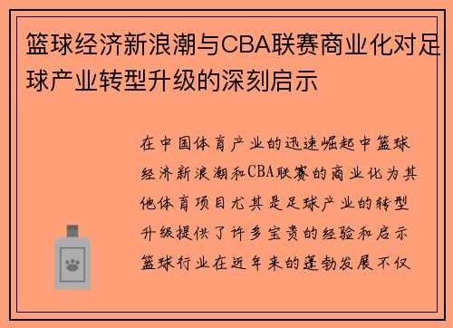 篮球经济新浪潮与CBA联赛商业化对足球产业转型升级的深刻启示