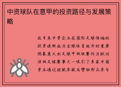 中资球队在意甲的投资路径与发展策略